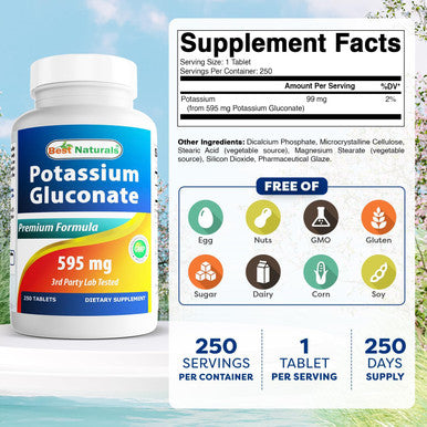 Best Naturals Potassium Gluconate Supplement 595 Mg Tablet 250Count