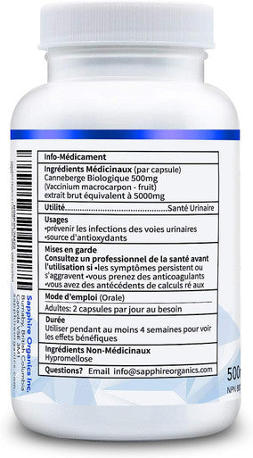 Sapphire Organics - Cranberry, ZERO Fillers, Pure ORGANIC, 120 Veggie Capsules, High Concentration 500mg, Made in Canada