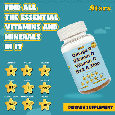 Adult Multivitamin Gummy With Omega 3, Chewable Multivitamin With Selenium, Vitamin A, B, C, D, Biotin, Multivitamin For Women, Multivitamin For Men, 60 Star Shaped Multivitamin Gummies