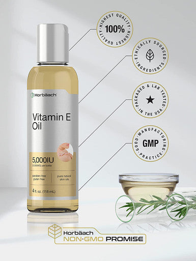 Natural Vitamin E Oil | 5000 IU | 8 oz (2 x 4oz) Value Pack | for Skin, Hair & Face | Vegetarian, Non-GMO, and Gluten Free Formula | by Horbaach