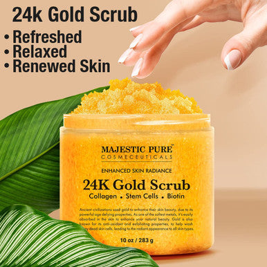 Majestic Pure 24K Gold Scrub - Biotin, Collagen, VitaminE & Stem Cell - Exfoliating Body Scrub, Skin Moisturizer, Pore Cleanser & Body Exfoliator - Natural Skin Care - 24k Scrub For Men & Women - 10oz
