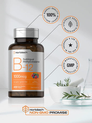 Horbaach Vitamin B12 Sublingual 1000 mcg 400 Fast Dissolve Tablets Methylcobalamin Supplement for Adults Natural Berry Flavor Vegan Vegetarian Non GMO and Gluten Free