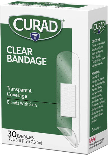 Curad Clear Plastic Self-Adhesive Bandages 3/4" x 3" Essential First Aid Supplies 30 per Box Pack of 6