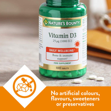 Nature's Bounty Vitamin D3 25 G (1000 Iu) Tablets - Pack Of 100 Tablets One-A-Day - High Strength Vitamin D - Bone Muscle And Immunity Support - Suitable For Vegetarians
