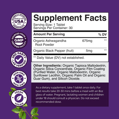 Natures Craft High Strength Organic Ashwagandha Supplements Ashwagandha Organic Tablets for Mood Support & Hormone Balance for Women & Men Root Extract Powder with Black Pepper for Better Absorption 30 Ct
