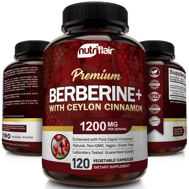 NutriFlair Premium Berberine 1200mg, 120 Capsules - Plus Pure True Ceylon Cinnamon, Berberine HCI Root Supplements Pills - Supports Glucose Metabolism, Immune System, Healthy Weight Management