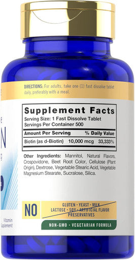 Carlyle Biotin 10000mcg | 500 Fast Dissolve Tablets | Max Strength | Vegetarian Non-GMO Gluten Supplement