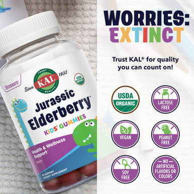 KAL Jurassic Elderberry Kids Gummies | Healthy Immune Support | USDA Organic, Vegan, Gluten | 30 Serv, 60 Ct