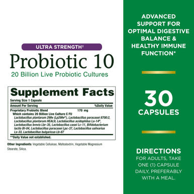 Nature's Bounty Probiotic 10 Ultra Strength Daily Probiotic Supplement Support For Digestive Immune And Upper Respiratory Health 1 Pack 30 Capsules