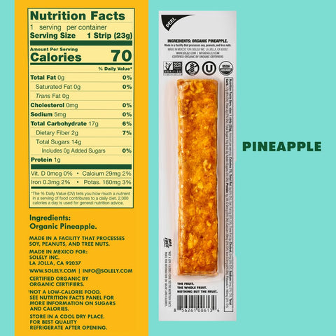 SOLELY - Organic Pineapple Fruit Jerky - 1 Individually Wrapped Strip - Fruit Leather Made from Dried Fruit - Healthy Snacks for Adults & Kids - Non GMO, Vegan Snacks - 0.8oz (23g)