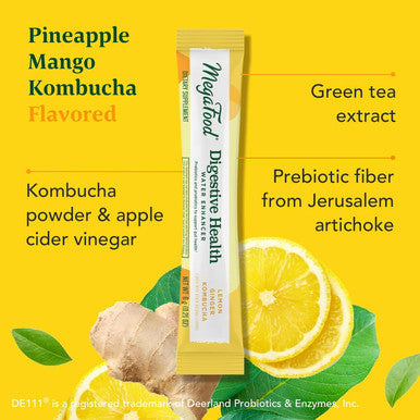 MegaFood Kombucha Powder - Probiotics For Digestive Health - Water Enhancer - Prebiotics And Probiotics For Women & Men - Support Gut Health - 2 Billion Cfu - Lemon Ginger - 10 Count (Pack Of 1)