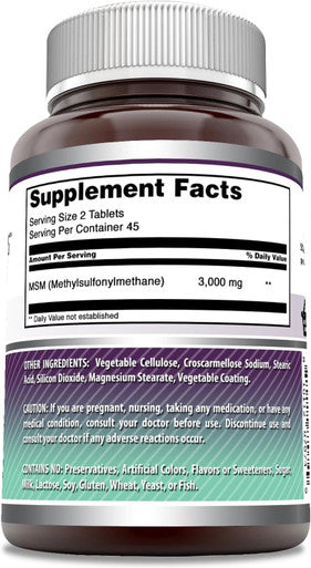 Amazing Nutrition Formulas MSM (Methylsulfonylmethane) Tablets | 3000 Mg Per Serving Supplement | Non-GMO | Gluten | Made in USA (90 Count)
