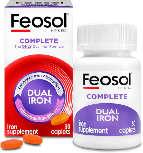 Feosol Complete Iron Supplement Caplets Bifera Iron for High Absorption Heme and NonHeme Dual Action Minimizes 1 Per Day for Energy and Immune System Support Made in USA 30 Count