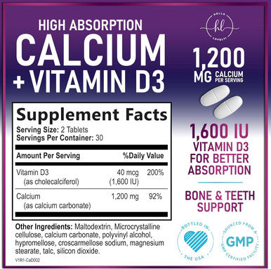 Calcium Supplement For Women 1200 Mg Plus 1600Iu Vitamin D3, Bone Health, Teeth & Immune Support - Calcium With Extra Strength Vitamin D High Absorbable Premium Calcium Carbonate - 60 Tablets