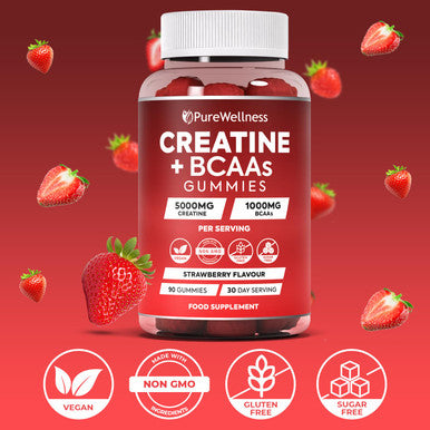 PureWellness Creatine and BCAA Gummies - 5000mg Creatine Monohydrate 1000mg BCAAs per Serving - Chewable Vegan Sugar Free Gummies Strawberry Flavour (1 Month Supply)