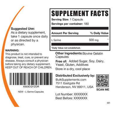 BulkSupplements L-Serine Capsules - Amino s Supplement Mood & Brain Health - , Soy Free - 1 Capsule - 180-Day (6-Month) Supply (180 Capsules)