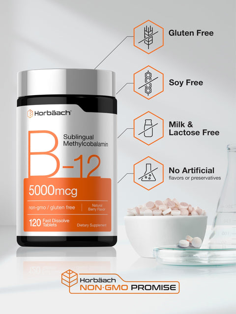 Horbaach B12 Vitamin 5000 mcg 120 Fast Dissolve Tablets Sublingual Methylcobalamin Natural Berry Flavor Vegan NonGMO and Gluten Free Supplement