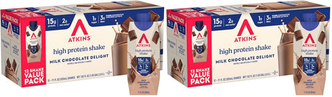 Atkins Milk Chocolate Delight High Protein Shake, 15g Protein, 12 Count | 15g Protein, 3g Fiber, 2g Net Carb, 1g Sugar, Chocolate Flavored, Keto Friendly, Ready to Drink, 12 Count