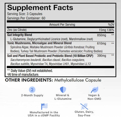 Codeage Gut Health Supplements Vegan Formula - L Glutamine Zinc Turkey Tail Mushroom Powder Tonic Mushroom Maitake Micro Algae Mineral Licorice Root DGL - Probiotics Prebiotics - 180 Capsules