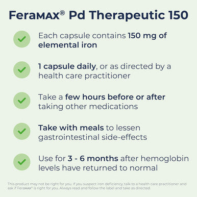 FeraMAX Pd 150 Iron Supplement - Once Daily High Dose Iron Supplement No.1 Recommended Treatment for Iron Deficiency Anemia - 150mg of Elemental Iron per Capsule, 100 Capsules