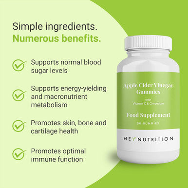 Hey Nutrition Apple Cider Vinegar Gummies Supplement - Vitamin C & Chromium - Supports Skin Health Metabolic Function & Immune Health - No Artificial Flavours Non-GMO & Dairy- - 60 Vegan Gummies