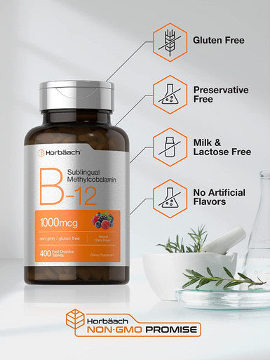 Horbaach Vitamin B12 Sublingual 1000 mcg 400 Fast Dissolve Tablets Methylcobalamin Supplement for Adults Natural Berry Flavor Vegan Vegetarian Non GMO and Gluten Free