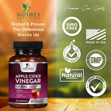 Apple Cider Vinegar Capsules 1300mg for Weight Loss, Natural Detox and Cleanse, Digestion Support, Immune Support - Apple Cider Vinegar Pills Supplement - Vegan Non-GMO & Gluten Free - 60 Capsule