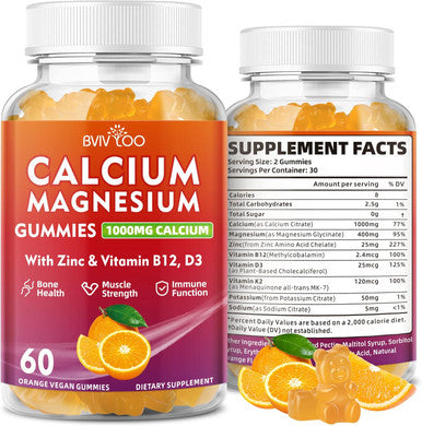 Calcium Gummies 1000Mg With Vitamin D3 K2 & B Complex, Potassium, Calcium Magnesium Zinc Gummies For Bone, Muscle, Mood And Immunity - Orange Flavor 60 Gummies