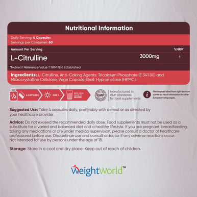 Weightworld L Citrulline Capsules - 240 L Citrulline Powder Capsules - 3000mg High Strength per Serving - 2 Months Supply - L Citrulline for Men & Women - Non-GMO Vegan & Magnesium Stearate