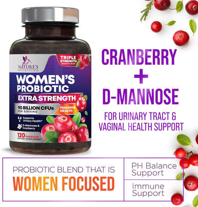 Nature'S Nutrition Probiotics for Women with Prebiotics - Women's Probiotics 90 Billion CFU 16 Strains for Digestive Health Vaginal Probiotic PH & Immune Support for Women D-Mannose with Cranberry - 120 Capsules