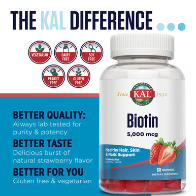 KAL Biotin Gummies 5,000 mcg | Healthy Hair Skin and Nail Support | Vegetarian | Strawberry | 60ct, 30 Serv.