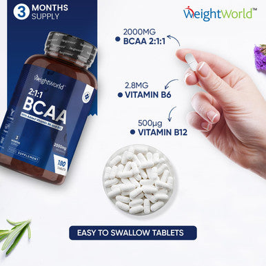 Weightworld BCAA Tablet 2000mg Per Serving - 180 Protein Tablets (3 Months Supply) - 2:1:1 Branched Chain Amino Acids Tablets with Vitamin B12 & B6 - BCAA Powder Alternative - Pre Workout Supplement for Energy