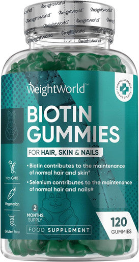 Weightworld Biotin Gummies - 5000mcg - 120 Gummies with Vitamin A B C D E & Selenium - Hair Nails & Skin Vitamins - Natural Raspberry & Blueberry Flavoured Vitamin B7 Gummies - Chewable Biotin Hair Gummies