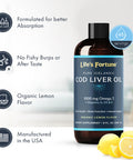Life's Fortune Organic Cod Liver Oil Liquid Lemon Flavor Supplement - High Potency Fish Oil Omega 3 DHA & EPA Vitamin A E & D3 - Immune Health Joints GMO Free 1000 mg (8 Oz)