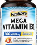Mega Vitamin B1 500 MG with Highly Bioavailable Benfotiamine Energy Levels Glucose Metabolism Nerve System Brain Heart Vitamin B12 B6 B2 B1 Vitamin B Complex Vegan 120 Capsules