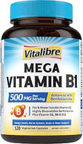 Mega Vitamin B1 500 MG with Highly Bioavailable Benfotiamine Energy Levels Glucose Metabolism Nerve System Brain Heart Vitamin B12 B6 B2 B1 Vitamin B Complex Vegan 120 Capsules