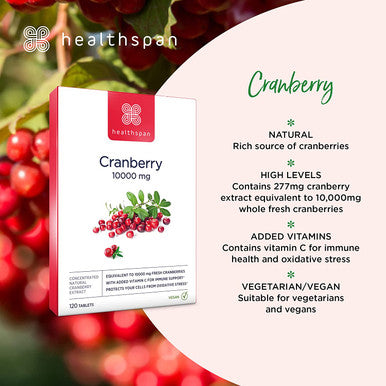Healthspan Cranberry 10,000mg | 120 Tablets | 10,000mg Whole Cranberries | Added Vitamin C | Immune Health | Vegan