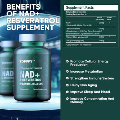 Nad+ Supplement, Nad+&Resveratrol Supplement For Max Absorption For Support Cellular Energy, Aging Defense, 120 Softgels