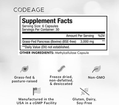Codeage Grass Fed Beef Pancreas Supplement Glandulars - ze Dried Non-Defatted Desiccated Beef Pancreas Pills Pancreatic Enzymes Diet Meat - Pasture Raised Bovine Vitamins - 180 Capsules