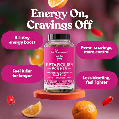 Eu Natural Metabolism For Her - Appetite & Metabolism Support For Women - Curb Cravings, Reduce Caloric Intake & Promote Feelings Of Fullness - Berberine, Chromium Picolinate & Guarana - 60 Veg Capsules