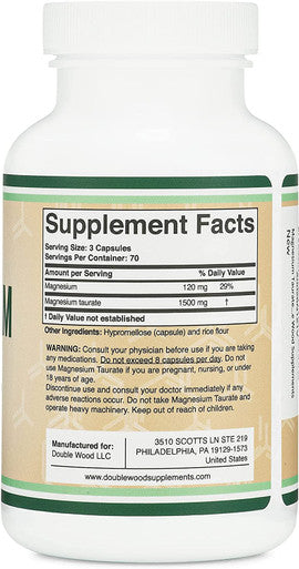 Magnesium Taurate Supplement for Sleep Calming and Cardiovascular Support 1500mg per Serving 210 Vegan Capsules Manufactured in USA by Double Wood Supplements