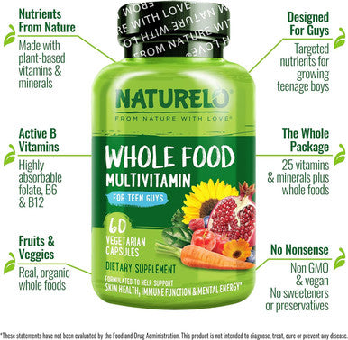 Naturelo Whole Food Multivitamin For Teenage Boys - Vitamins And Minerals Supplement For Active Kids - With Plant Extracts - Non-Gmo - Vegan & Vegetarian - 60 Capsules