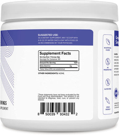 Nui Nutra Beta-Alanine Powder Supplement | 240G | 80 Servings | Helps Build Muscle Mass, Carnosine Levels, & Athletic Performance | Supports Muscular Endurance