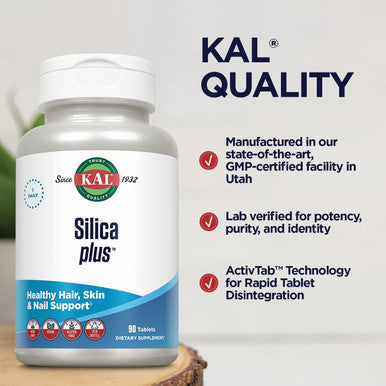 Kal Silica Plus, Silica Gel With Horsetail Extract, Healthy Hair, Skin & Nails Support, Maximum Absorption, Vibrant Hair, Glowing Skin Supplement, Vegan, Gluten Free, 90 Serv, 90 Quick Dissolve Tabs