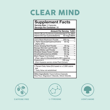 Bloom Nutrition Clear Mind Nootropic Brain Booster Supplement with Lions Mane Mushroom Alpha GPC Ginseng Ginkgo Bilboa Rhodiola Rosea Supports Mental Clarity Memory Focus 60 Capsules