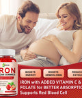 Iron Supplement For Women, Vegan Iron Gummies Gummy 65Mg And 250Mg Vitamin C With Vitamin A, B-Complex, Zinc & Folate For Iron Deficiency, Anemia, Energy Boost, Promote Sleep, Non-Gmo