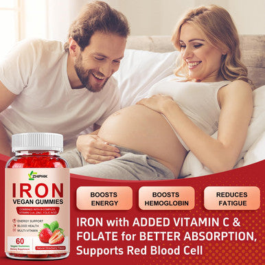 Iron Supplement For Women, Vegan Iron Gummies Gummy 65Mg And 250Mg Vitamin C With Vitamin A, B-Complex, Zinc & Folate For Iron Deficiency, Anemia, Energy Boost, Promote Sleep, Non-Gmo