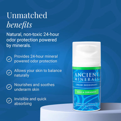Ancient Minerals Natural Deodorant Cream Sage & Coriander Scent Aluminum-Free Vegan Deodorant for Women and Men with Magnesium Zinc & Vitamin E for Sensitive Skin 2 oz