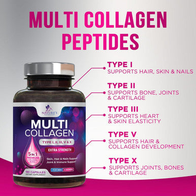 Nature'S Nutrition Collagen Peptides for Women & Men Type I II III V X Hydrolyzed Collagen Pills Grass Fed Non-GMO Multi Collagen Peptides Supplements Hair Skin Nail Bones Joint Health Support - 180 Capsules