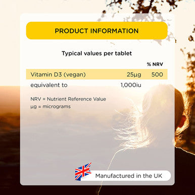 Healthspan Vegan Vitamin D3 1,000iu | 240 Tablets | Immune Support | 25ug Vitamin D | Healthy Muscles, Bones & Teeth | Vegan